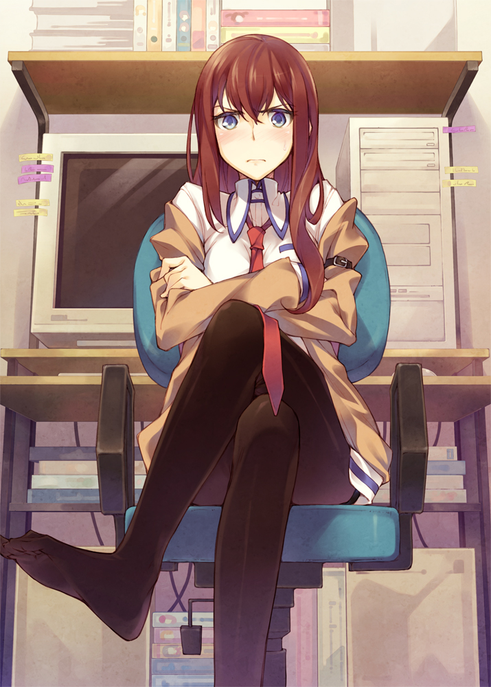 blue_eyes, blush, brown_hair, computer, crossed_arms, crossed_legs, face, feet