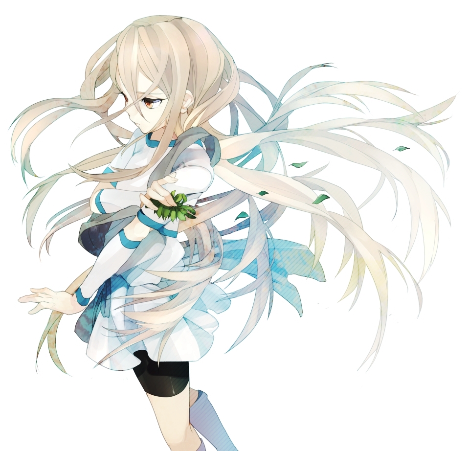 afuro_terumi, bike_shorts, blonde_hair, bunkyo_takemi, highres, inazuma_eleven, inazuma_eleven_(series), leaf, long_hair, male, red_eyes, sash, solo, trap, tunic, white_background, wind, zeus_(inazuma_eleven)