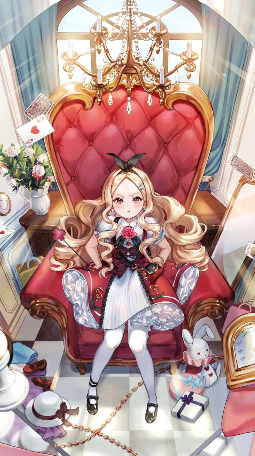 1girl, :t, absurdres, ace_(playing_card), ace_of_hearts, black_hairband, black_shoes, blonde_hair