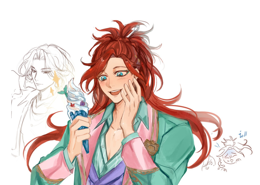 2boys, aqua_eyes, blush, commentary, food, green_jacket, hair_ornament, half_updo