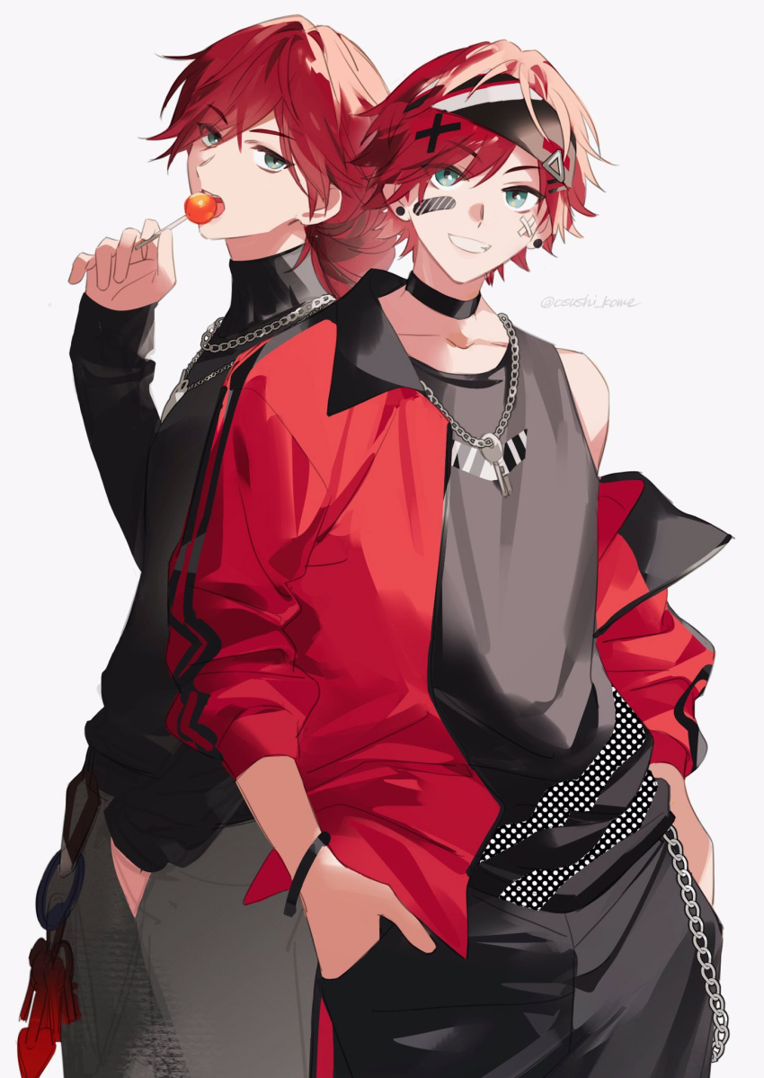 1boy, alternate_costume, bandaid, bandaid_on_face, black_headband, black_pants, black_shirt, black_tank_top