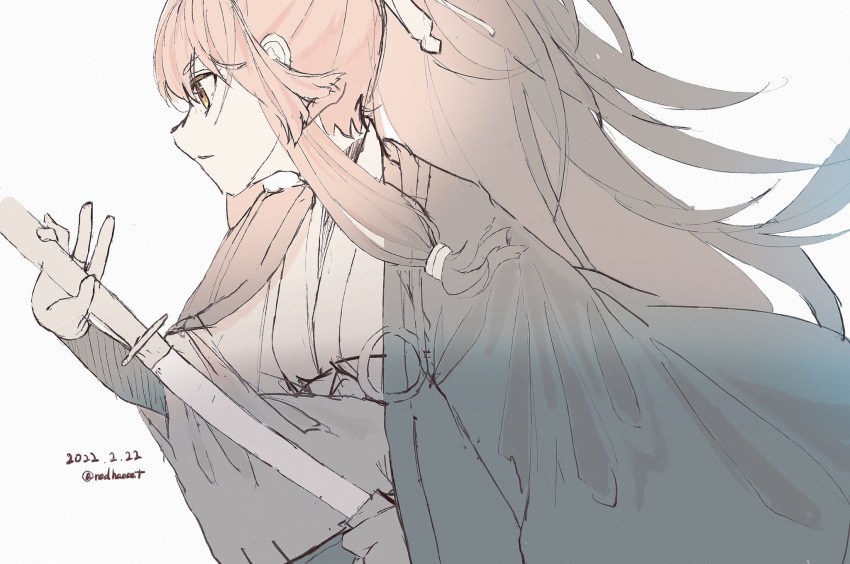 1girl, bridal_gauntlets, dated, grimms_notes, haori, high_ponytail, highres, holding