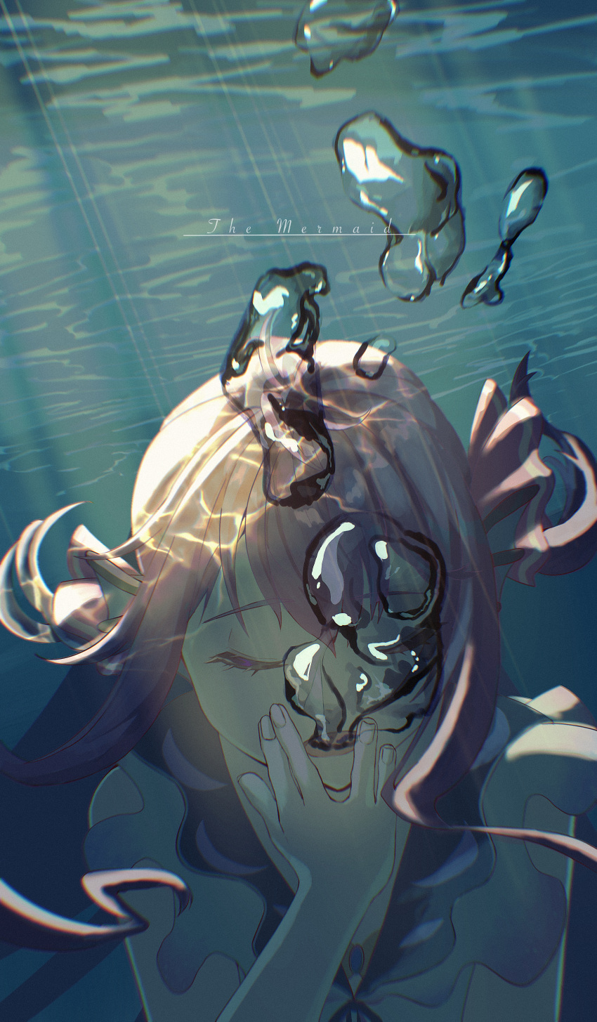 1girl, absurdres, closed_eyes, dress, english_text, facing_viewer, fingernails, fins