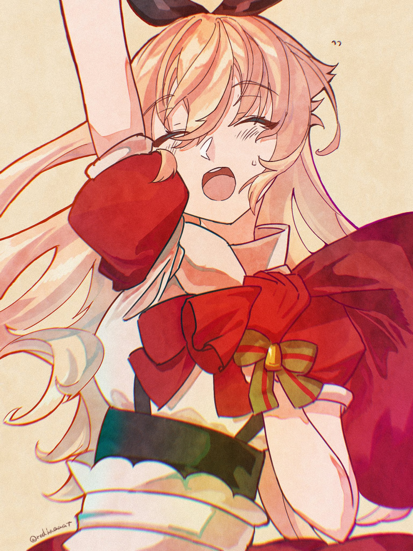 1girl, alice_(grimms_notes), alice_(seiya)_(grimms_notes), arm_up, bag, blonde_hair, breasts, closed_eyes