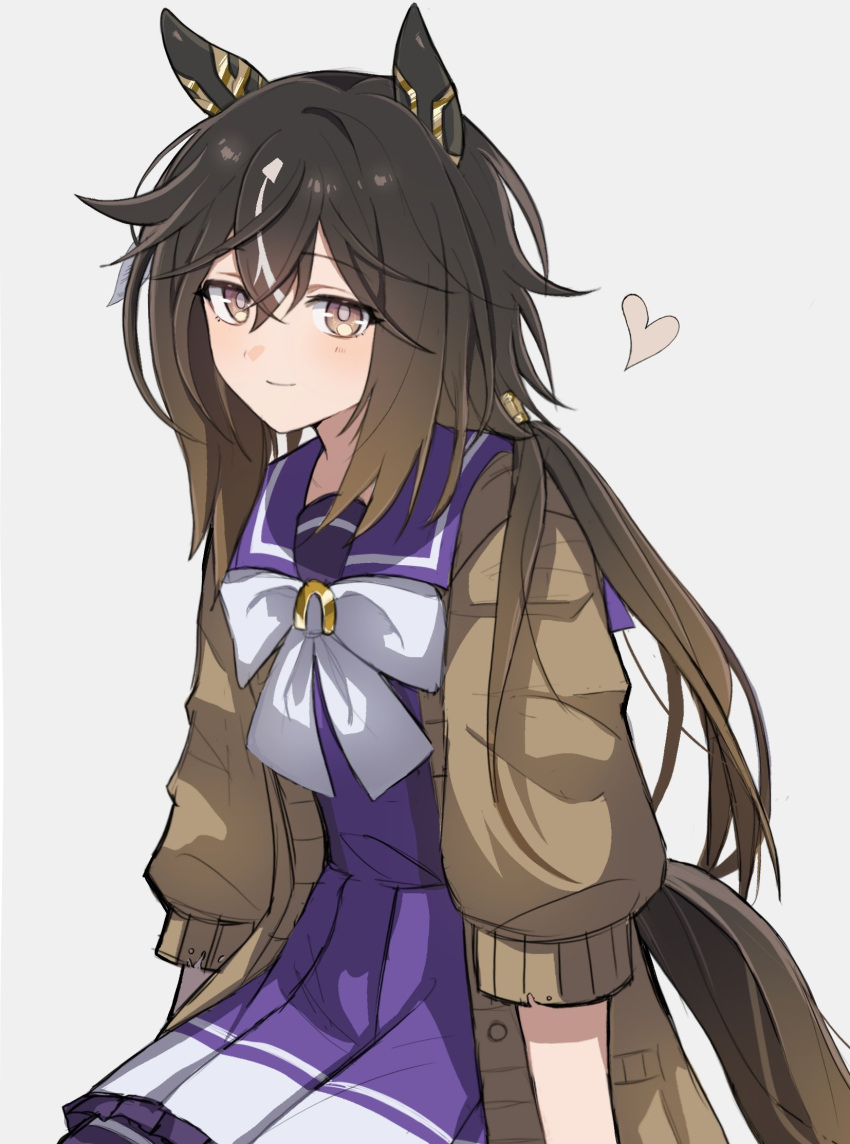 1girl, animal_ears, black_hair, bow, bowtie, brown_eyes, coat, cowboy_shot, cr259s, ear_covers, english_commentary, frilled_skirt, frills, gradient_eyes, heart, highres, horse_ears, horse_girl, horse_tail, light_smile, long_hair, looking_at_viewer, low_ponytail, multicolored_eyes, multicolored_hair, open_clothes, open_coat, pleated_skirt, ponytail, purple_sailor_collar, purple_serafuku, sailor_collar, school_uniform, serafuku, simple_background, sitting, skirt, solo, spoken_heart, stay_gold_(umamusume), tail, tracen_school_uniform, two-tone_hair, umamusume, white_background, white_bow, white_bowtie, winter_uniform, yellow_coat