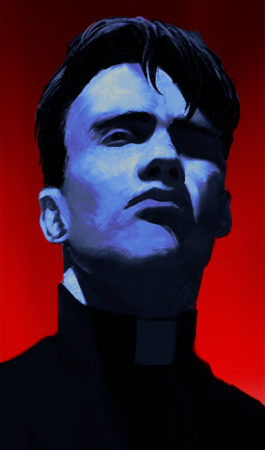 1boy, absurdres, blue_skin, clerical_collar, closed_mouth, colored_skin, demermio, faith_(game)