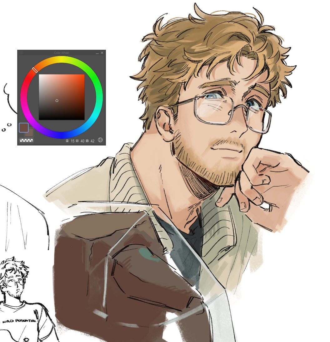 1boy, 1other, alien, beard, beard_stubble, blonde_hair, casual, facial_hair, messy_hair, project_hail_mary, rocky_(project_hail_mary), ryland_grace, sevenreii, sketch, stubble