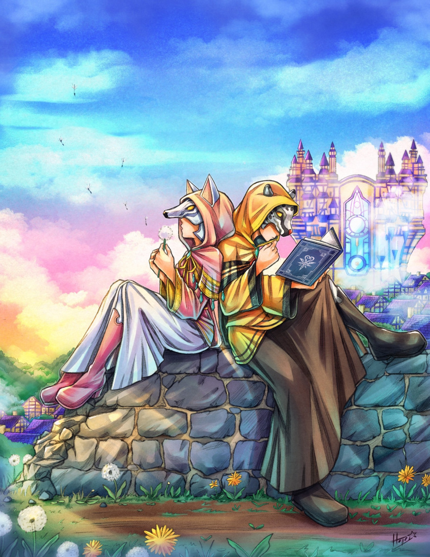 1boy, 1girl, ava_(kingdom_hearts), blowing, cloak, covered_eyes, dandelion, dandelion_seed