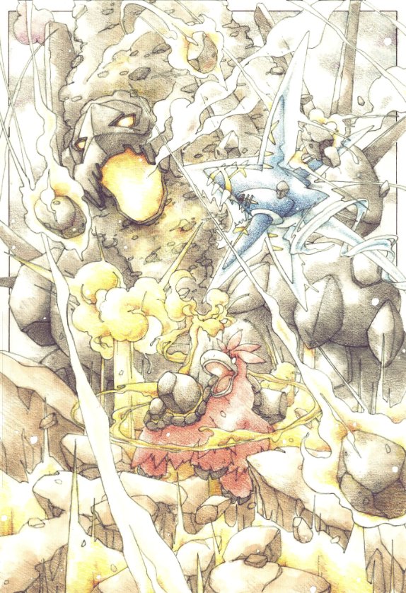 camerupt, coalossal, debris, dynamax, earth_power_(pokemon), g-max_volcalith_(pokemon), gigantamax, gigantamax_coalossal, inori_(pokemoart), liquidation_(pokemon), mega_camerupt, mega_pokemon, mega_sharpedo, no_humans, nostrils, open_mouth, pokemon, pokemon_(creature), pokemon_focus, pokemon_move, sharp_teeth, sharpedo, smoke, teeth, water