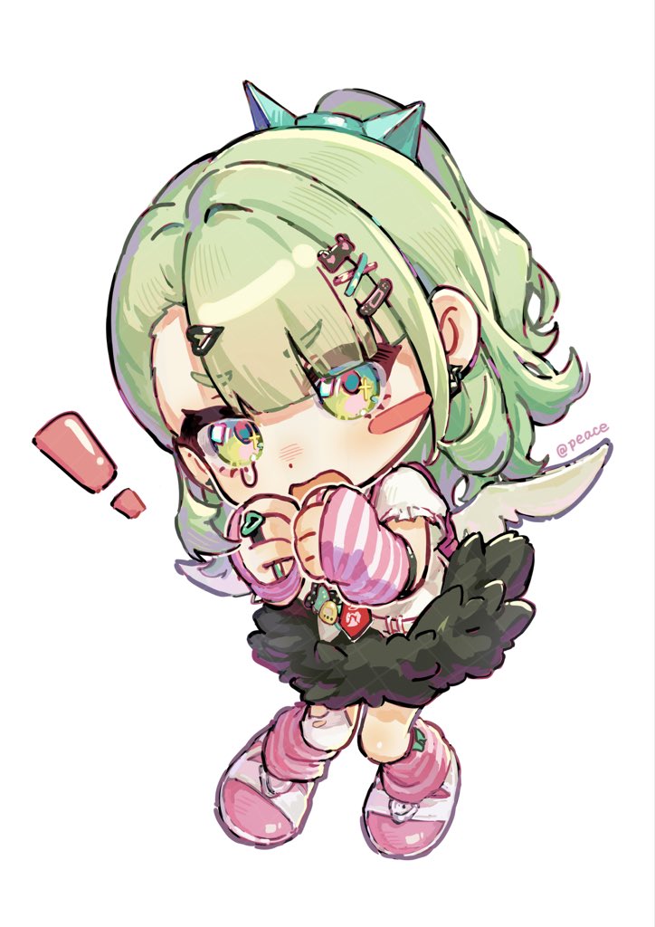 !, 1girl, arm_warmers, blush, chibi, danchuan, earrings, green_eyes