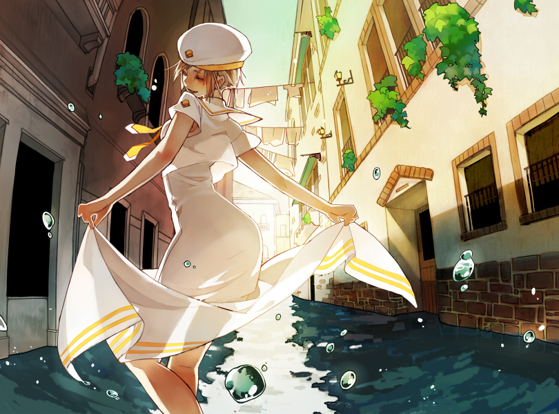 1girl, aria, athena_glory, backlighting, clothesline, dark_skin, hat, kawakami_tomoko, mmlu_(honwa_karesu), necktie, see-through, short_hair, short_sleeves, silver_hair, solo, spinning, wading, water, water_drop