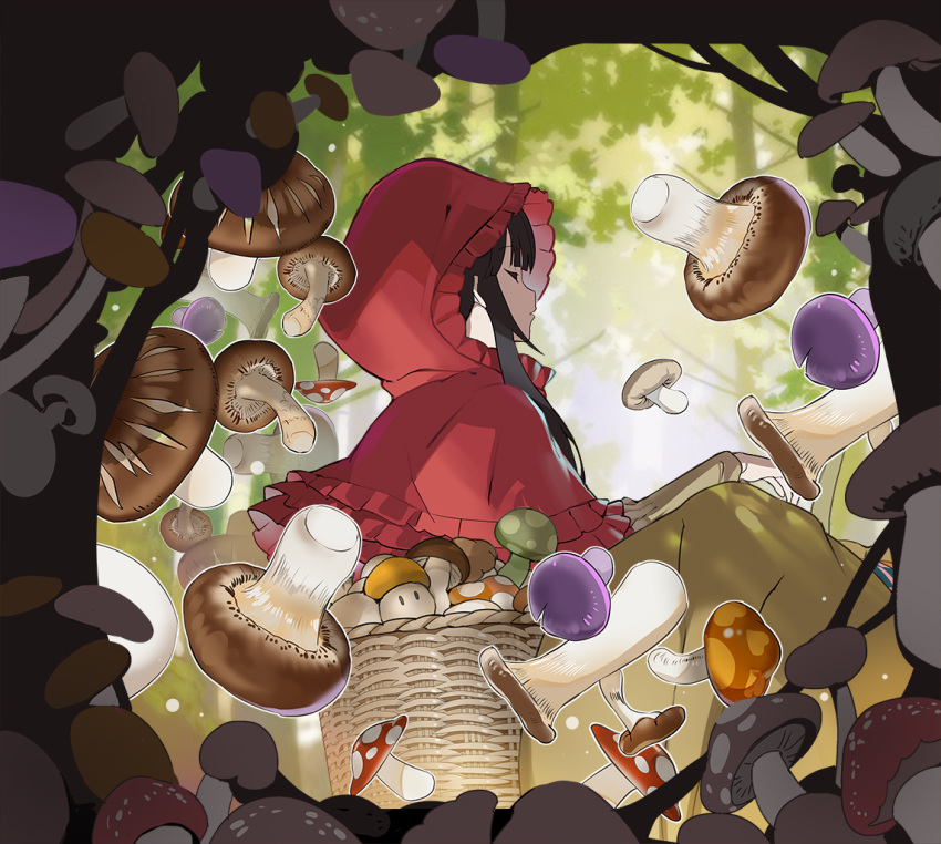1girl, basket, black_hair, champignon_no_majo, closed_eyes, fly_agaric, from_side, long_hair, luna_(champignon_no_majo), mushroom, nyoro_(nyoronyoro000), outdoors, profile, red_hood, shiitake, sitting, tree