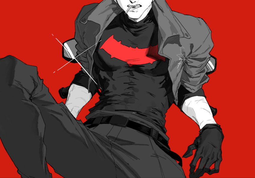 1boy, b_zuyo, batman_(series), batman_symbol, belt, black_bodysuit, bodysuit, brown_jacket, dc_comics, glint, greyscale_with_colored_background, highres, jacket, jason_todd, male_focus, multicolored_bodysuit, muscular, muscular_male, open_clothes, pants, red_background, red_hood_(dc), red_hood_and_the_outlaws, saturated_background, superhero_costume, taut_bodysuit, two-tone_bodysuit