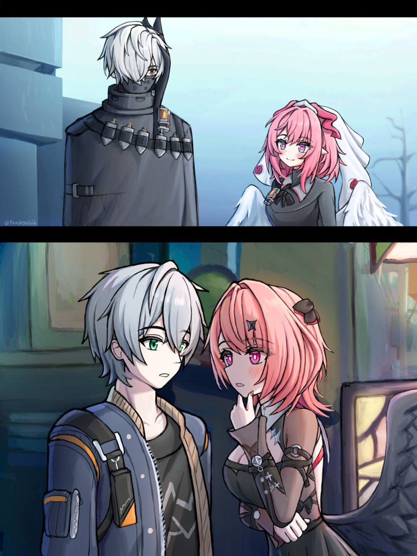2boys, 2girls, angel_wings, black_dress, black_shrug, black_wings, blush, commentary