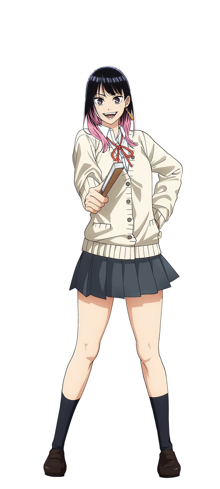 akane-banashi, black_hair, black_socks, brown_cardigan, brown_shoes, cardigan, collared_shirt, earrings