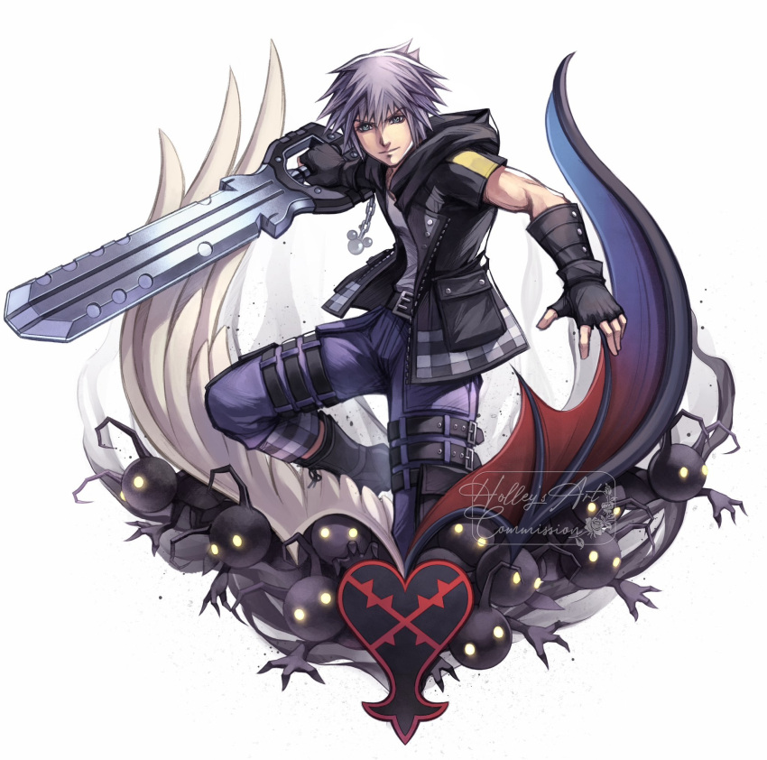 1boy, braveheart_(kingdom_hearts), demon_wings, feathered_wings, fingerless_gloves, gloves, grey_hair, heartless_(kingdom_hearts)