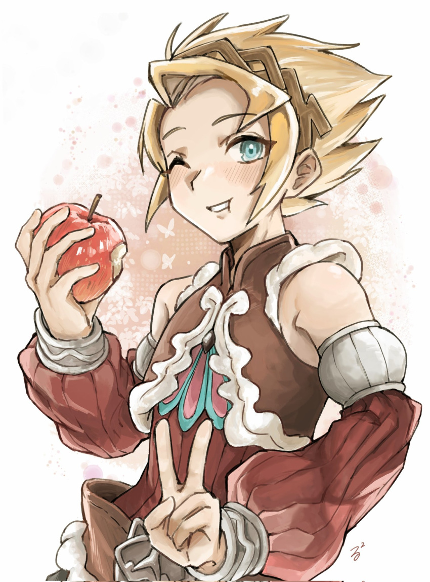 1boy, apple, blonde_hair, blue_eyes, eating, food, fruit, highres