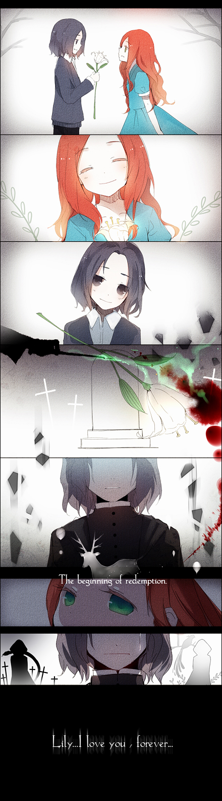 bad_id, bird, black_eyes, black_hair, blood, blood_splatter, blue_dress, closed_eyes