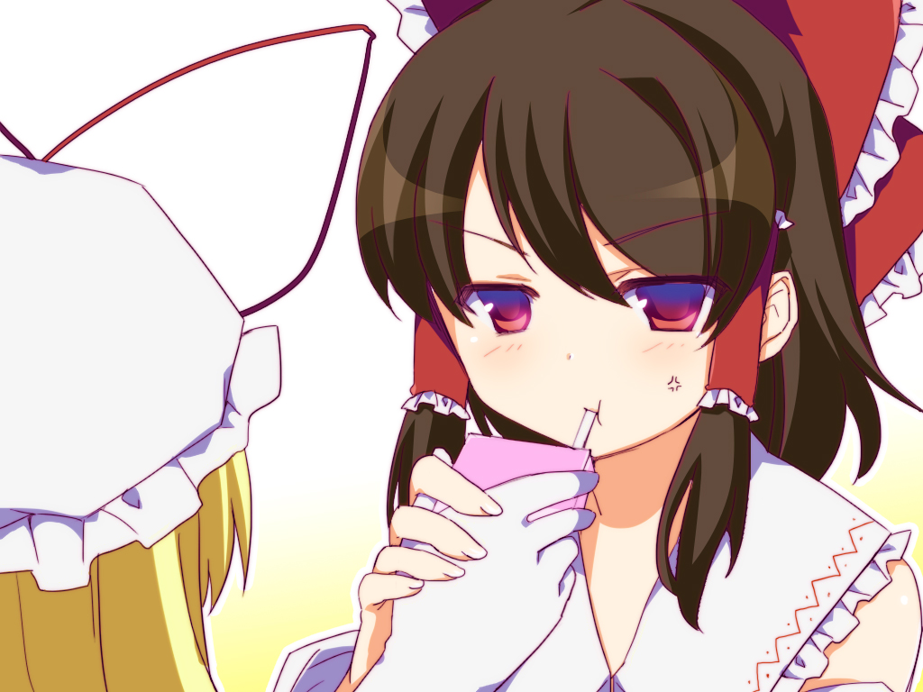 adaajt, anger_vein, blonde_hair, bow, drink, drinking, elbow_gloves, face, gloves, hair_bow, hair_tubes, hakurei_reimu, hand_holding, hat, holding_hands, multiple_girls, pout, purple_eyes, simple_background, solo, touhou, violet_eyes, yakumo_yukari