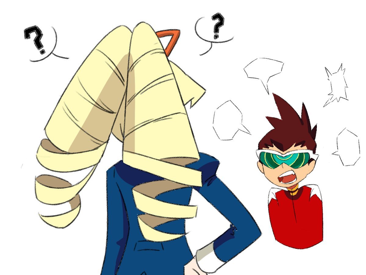 1boy, 1girl, ?, blonde_hair, brown_hair, drill_hair, geo_stelar_(mega_man), green-tinted_eyewear