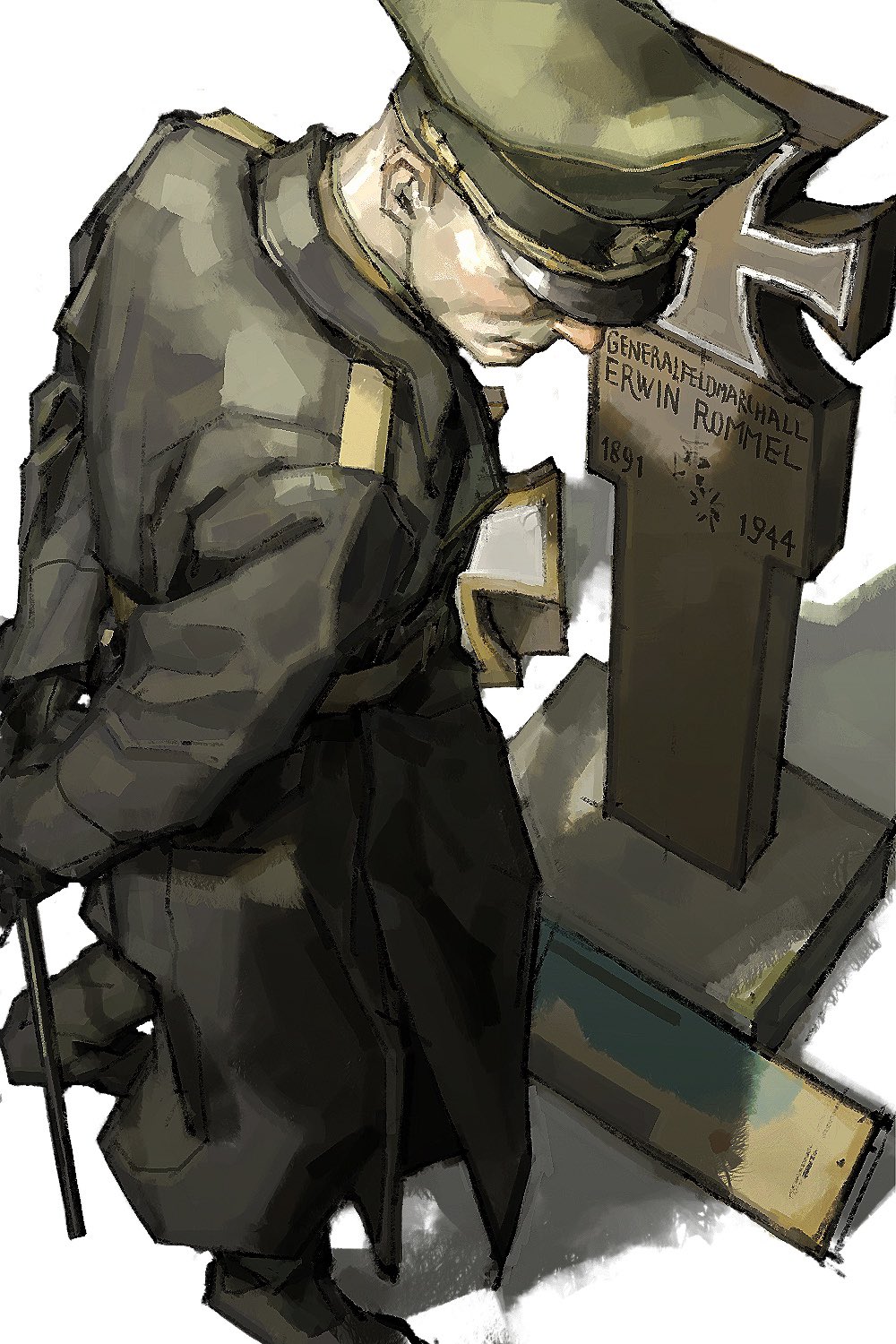 1boy, black_coat, coat, ecku_(eckiiaaoo), erwin_rommel, from_above, full_body, grave