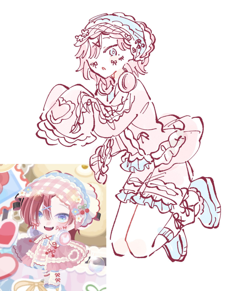 1boy, bad_id, bad_twitter_id, blue_shoes, bow_on_face, crossdressing, crossdressing_(mtf), fashion_style_request, frilled_jacket, frilled_shorts, frills, highres, hyoutenka_30-do_no_zetsubou, jacket, leg_warmers, legs_up, looking_at_viewer, medium_hair, mitsudomoe_koubou_(series), mole, mole_under_eye, pastel_colors, pink_jacket, pink_shorts, screenshot_inset, shoes, shorts, simple_background, sleeves_past_fingers, sleeves_past_wrists, solo, sr_en_km, tonimura_yui, white_background