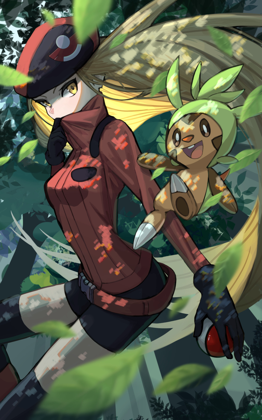 1girl, absurdres, belt, black_gloves, black_shorts, black_thighhighs, blonde_hair, breasts, chespin, commentary_request, gloves, hat, hello_planet_(vocaloid), highres, leaf, long_hair, open_mouth, outdoors, poke_ball, poke_ball_(basic), pokemon, pokemon_(creature), pokemon_ranger_(pokemon), pokemon_x_and_y, red_belt, red_hat, red_sweater, shorts, smile, sweater, thigh-highs, wema7_(emana_03), yellow_eyes