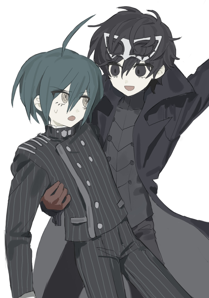 2boys, ahoge, amamiya_ren, black_coat, black_eyes, black_hair, black_jacket, black_pants, blue_hair, carrying, carrying_person, coat, commentary_request, crossover, danganronpa_(series), danganronpa_v3:_killing_harmony, detached_sleeves, gloves, hair_between_eyes, highres, jacket, joker_(persona_5), katyusha_(deer_peter), korean_commentary, long_sleeves, male_focus, mask, mask_on_head, multiple_boys, open_mouth, pale_skin, pants, persona, persona_5, red_gloves, saihara_shuichi, simple_background, sweat, white_background, white_mask, yellow_eyes