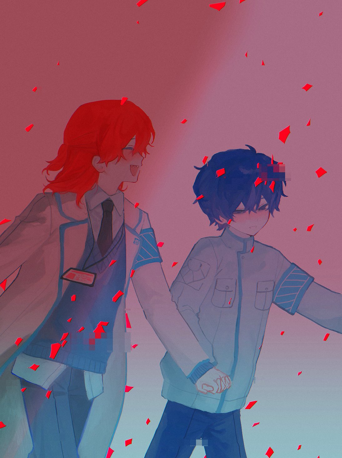 2boys, :d, armband, black_necktie, blue_armband, blue_hair, blue_pants, blue_sweater