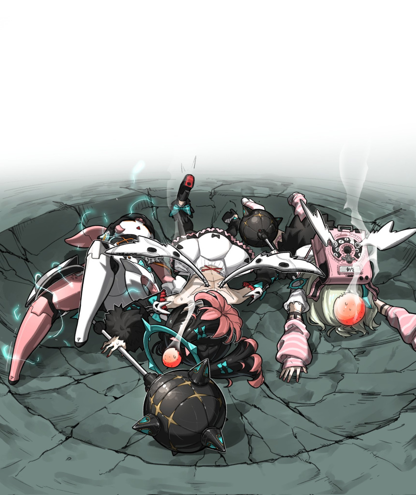 3girls, angels_of_delusion, aria_(zenless_zone_zero), arm_warmers, backpack, bag, bow, commentary