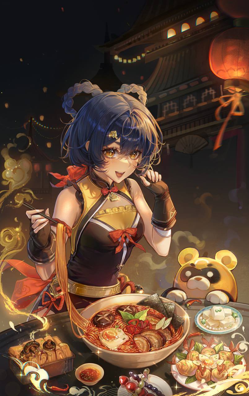 1girl, 1other, architecture, bare_shoulders, black_gloves, blue_hair, bow, bowl