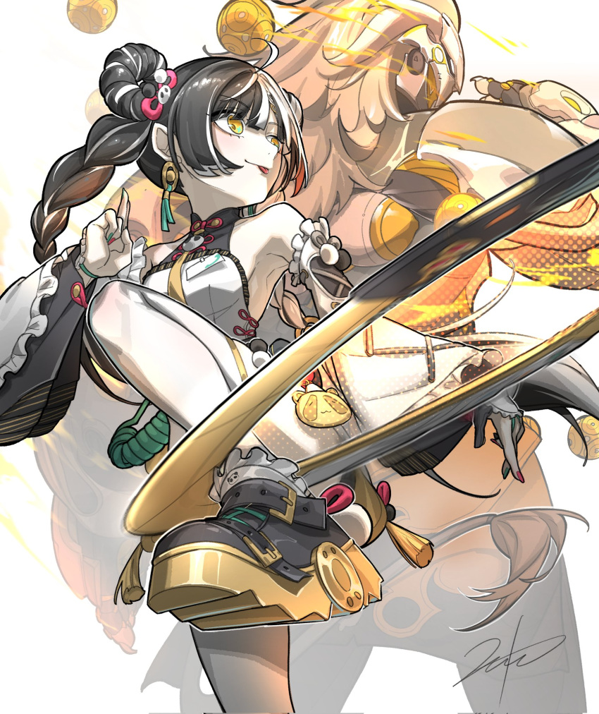 1boy, 1girl, :p, ball, banyue_(zenless_zone_zero), black_hair, black_shoes, braid