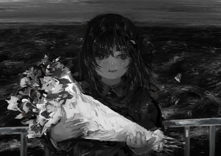 1girl, akino_suzume, bouquet, closed_mouth, collared_shirt, flower, greyscale, highres