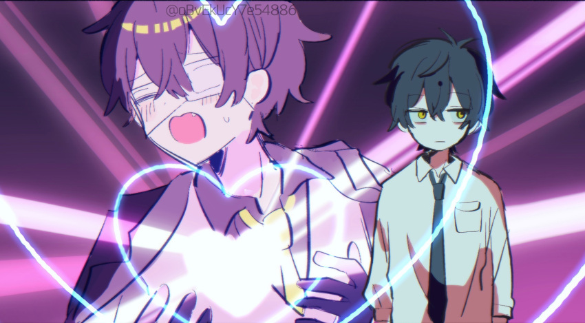 2boys, black_hair, black_necktie, blush, breast_pocket, closed_eyes, dress_shirt, eyepatch