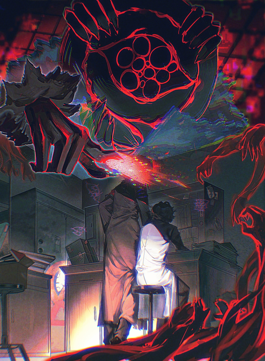 3boys, absurdres, armband, black_coat, black_hair, black_pants, cabinet, censored, censored_identity, chromatic_aberration, coat, cunduwuyong, desk, disembodied_hand, distortion_(project_moon), dual_persona, extra_arms, extra_eyes, from_behind, full_body, giant, glitch, highres, hohenheim_(project_moon), holding, johann_(project_moon), lab_coat, laboratory, limbus_company, long_sleeves, male_focus, monster, multiple_boys, on_stool, pants, paper_stack, pointing, project_moon, short_hair, sitting, stool, white_coat