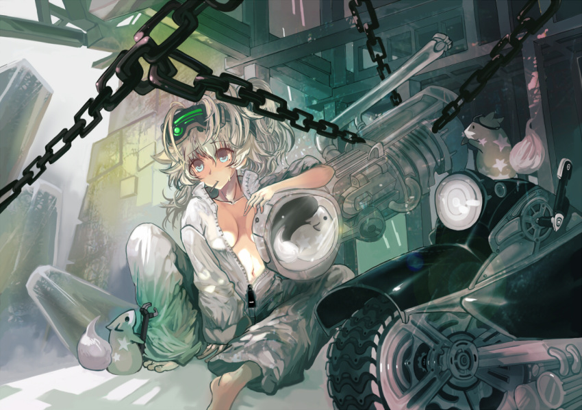 blue_eyes, breasts, chain, chains, cleavage, collarbone, grey_hair, hamster