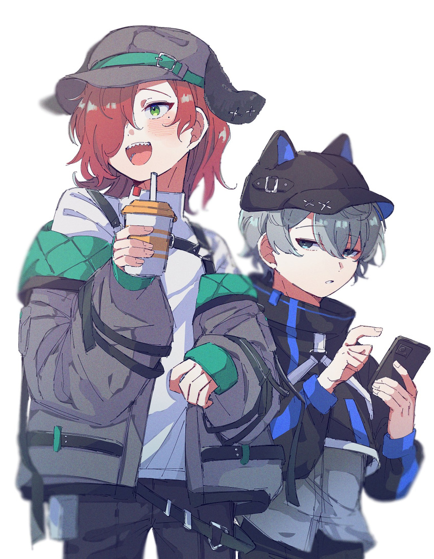 2boys, :d, alternate_costume, animal_hat, black_pants, blue_eyes, blush, cellphone