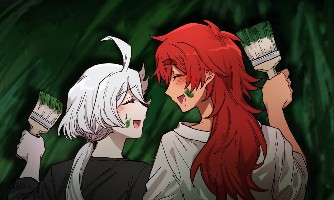 2girls, ahoge, alternate_costume, black_skirt, blush, closed_eyes, green_paint, gundam