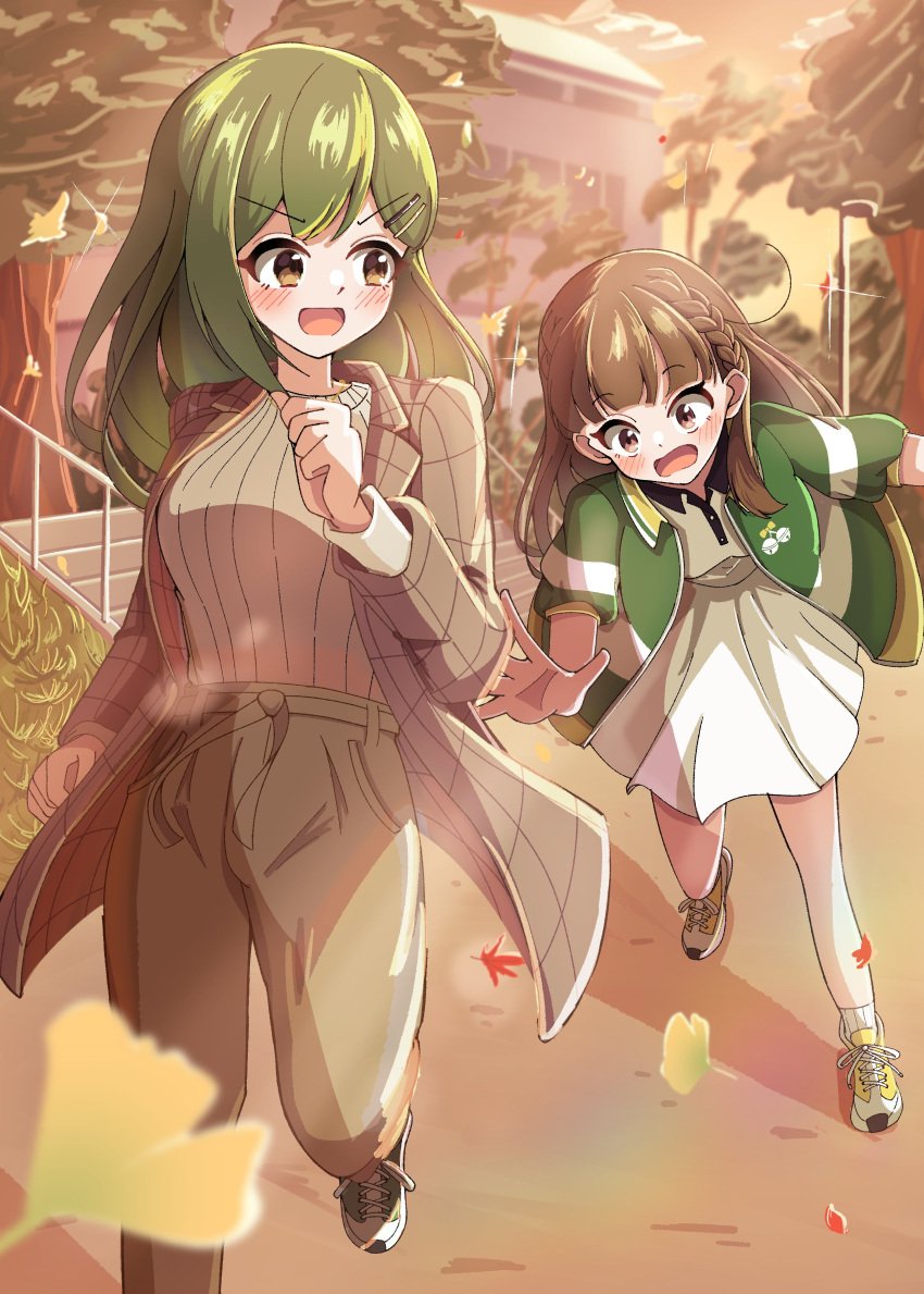 2girls, absurdres, braid, brown_hair, center-flap_bangs, coat, commentary_request, falling_leaves