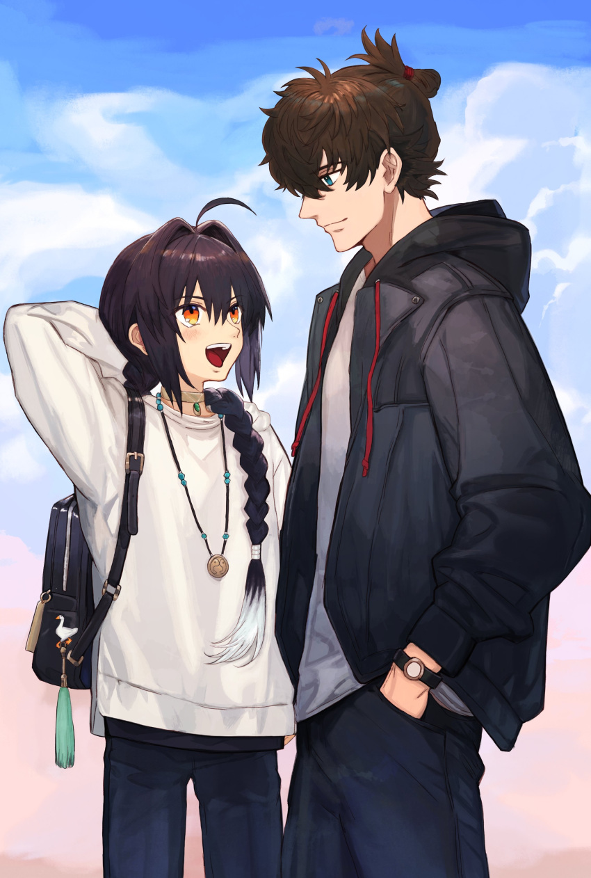 1boy, 1other, absurdres, ahoge, alternate_costume, amulet, androgynous, backpack