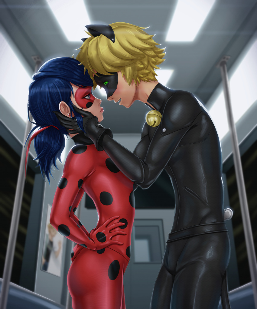 1boy, 1girl, absurdres, adrien_agreste, blonde_hair, blue_eyes, blue_hair, bodysuit