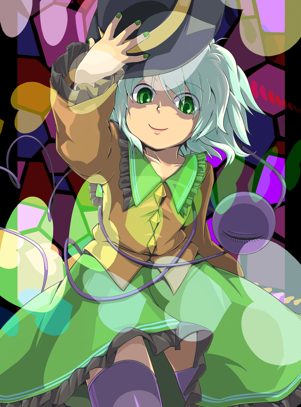 1girl, aqua_hair, black_legwear, blouse, eyeball, frills, green_eyes, green_skirt