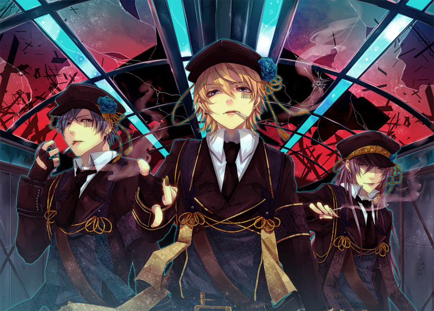 arrest_rose_(vocaloid), barcode, blonde_hair, blue_eyes, blue_hair, broken_glass, cigarette, domco