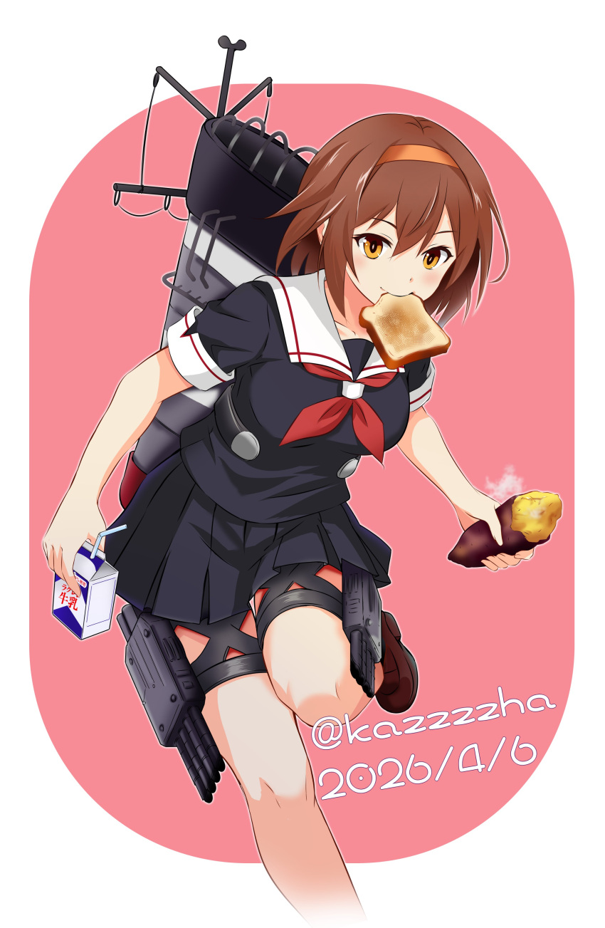 1girl, absurdres, black_shirt, black_skirt, bread, bread_slice, brown_eyes, brown_hair