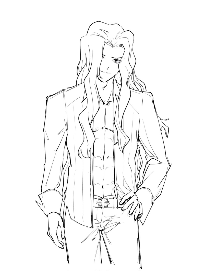 1boy, abs, belt, collared_shirt, commentary_request, evil_smile, facing_viewer, hair_over_one_eye
