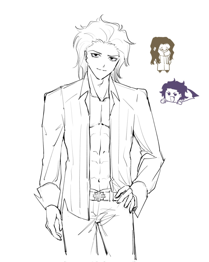1boy, abs, belt, chibi, chibi_inset, collared_shirt, commentary_request, curtained_hair