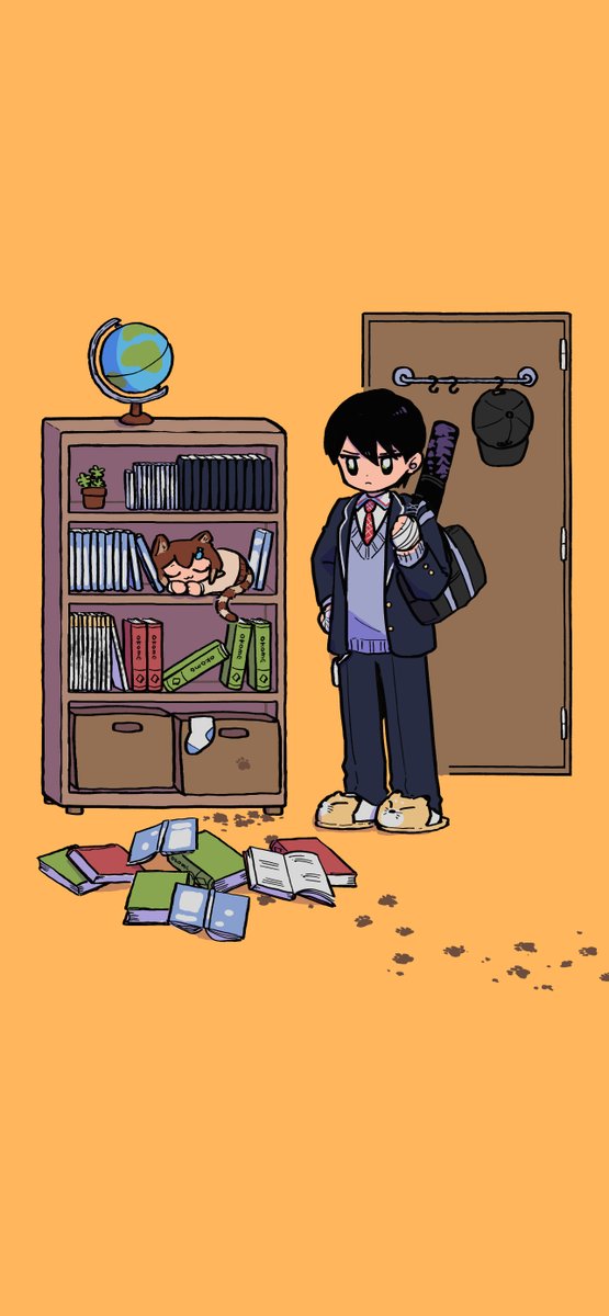 1boy, 1girl, :3, animal_ears, animal_slippers, annoyed, bag, bandaged_hand