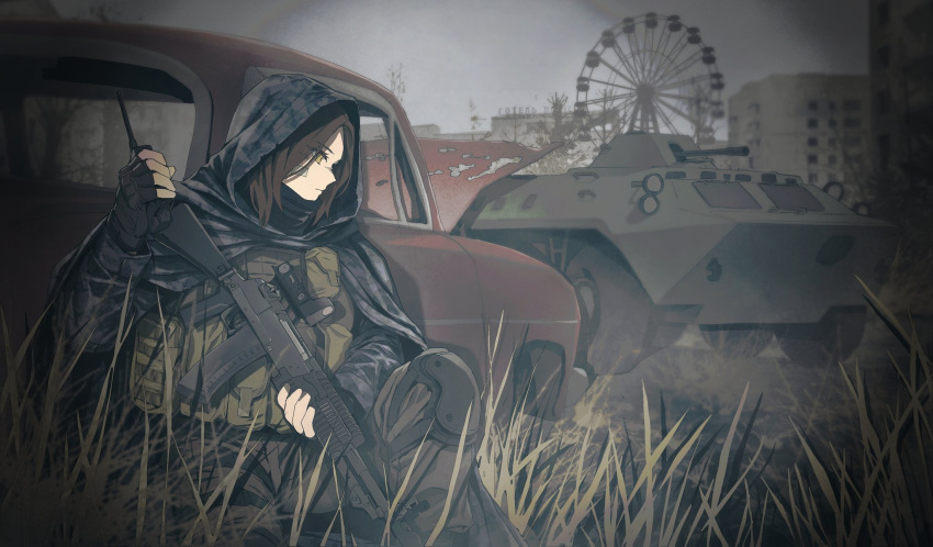 an-94, armored_personnel_carrier, armored_vehicle, assault_rifle, black_gloves, brown_hair, btr-80, building