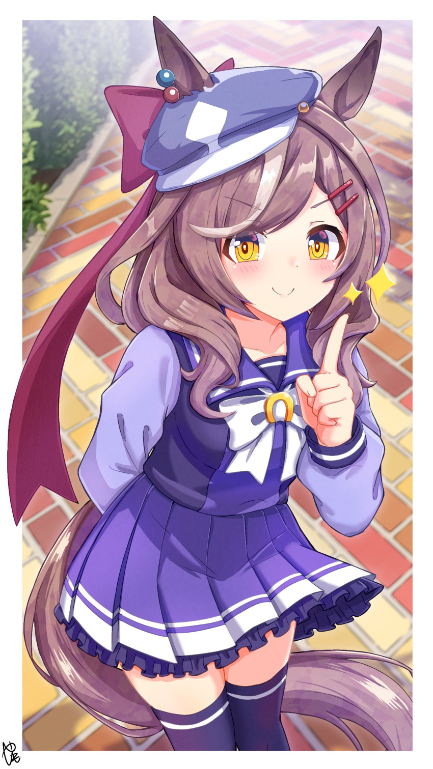 1girl, absurdres, animal_ears, blush, bow, brown_hair, commentary_request, day