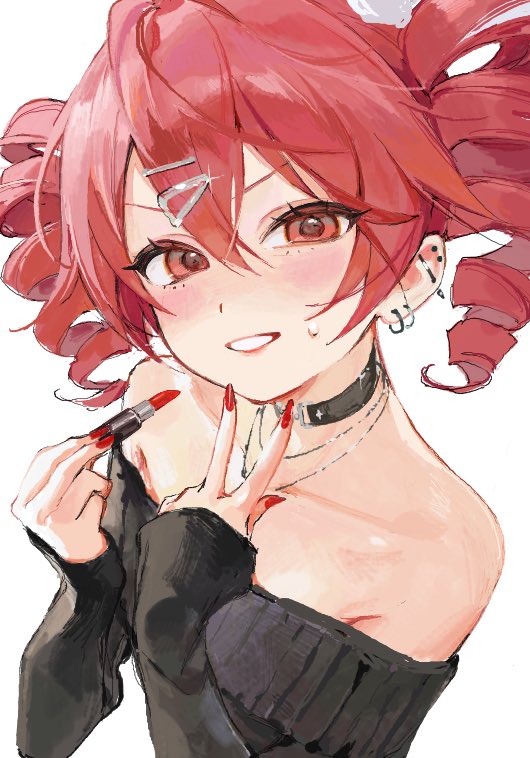 1girl, ame929, bare_shoulders, black_choker, black_sweater, blush, choker, collarbone